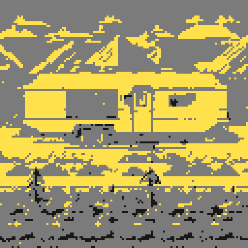 Pixel art post apocalyptic camp trailer landscape background in retro style for 8 bit game 