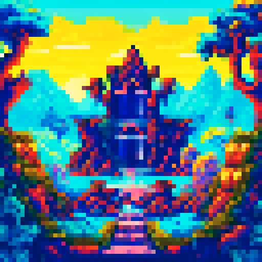 Ancient temple hidden in a jungle, surrounded by mist and guarded by stone statues, with a colorful sunrise peeking over the mountain range in the background