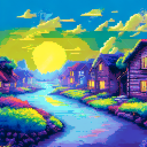 night, pastoral village with multiple houses, one has lights on inside 