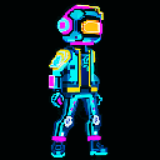 cyberpunk space trader sprite, cybernetic arm with intricate detailing, glowing yellow-orange visor over the eyes, trench coat with glowing lines, confident posture, mid-step left first with arms extended, blue and teal color palette with neon pink and yellow accents, distinct sci-fi aesthetic, pixel art, sRGB