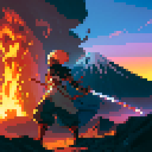 Anime warrior on an adventure with a volcano in the background. The warrior is holding a sword. 