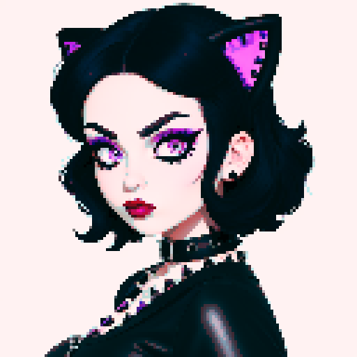 curvy, cute busty greaser goth girl's face, goth cat girl, whole head portrait, black hair, purple eyeshadow, red lipstick, low cut black studded leather halter top, studded collar, game avatar portrait, vibrant sRGB colors
