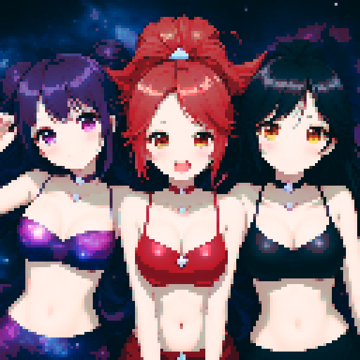 three teenage girls, dark purple hair with galaxy-style pattern, purple galaxy-style bra and shorts, purple eyes, red ponytail hair with ruby hairpiece, white stars in hair, red galaxy-style bra and shorts, red eyes, black-hole-style hair, yellow sapphire necklace, black galaxy-style bra and shorts, orange eyes, pixel art, sRGB