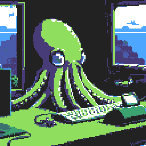 a big octopus seated at a desk typing on a laptop