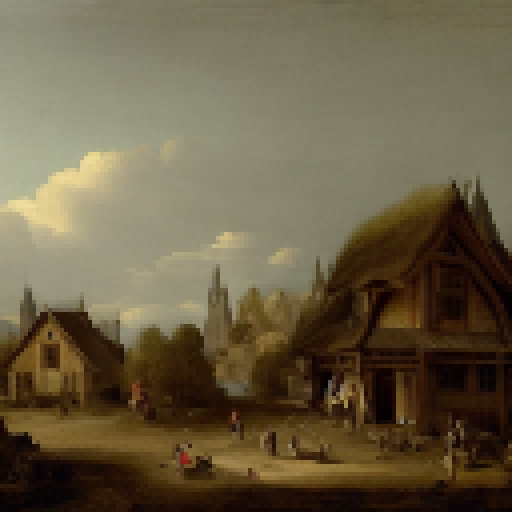 landscape with wood and stone buildings, people crafting and fighting monsters