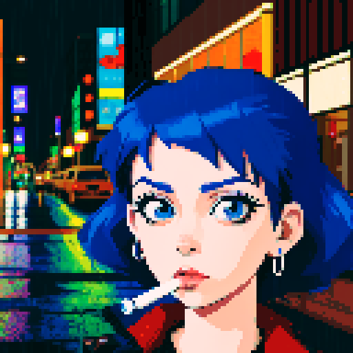 Blue haired 90s pop girl, smoking a cigarette, downtown, in the rain, gritty