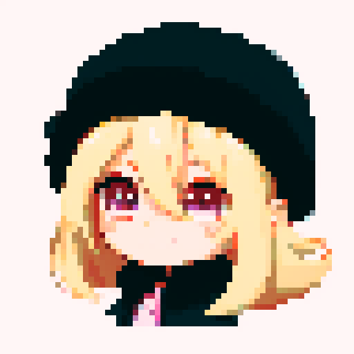Solo male with perfect anatomy, straight-on, inframe, facing viewer, with round pupils, light blonde hair between eyes, wearing an ushanka hat with a black fur collar, a black vest, puffy sleeves, and black elbow gloves, his light pink eyes looking at the viewer, smile, in a pixel art style with sRGB colors, half closed eyes, best quality, stylised chibi,