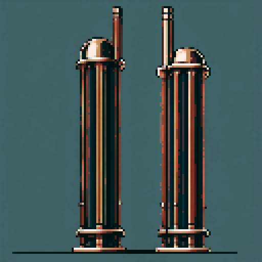 I want a tall vertical copper structure reminiscent of a organ pipe. It should have strange mechanical details that could interlock with each other. I also want this object usable an asset in a videogame, meaning only one object per image, outlined with a strong black stroke, on a solid-color background.