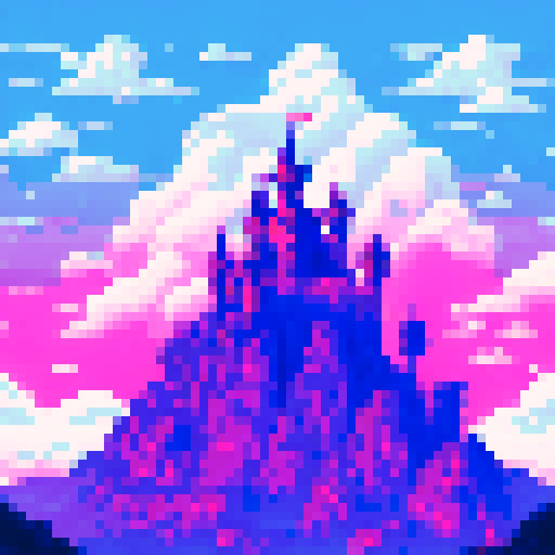 a background layer for my pixel art game called Grim Vampire Hunters, picturing a dark silhouette of a castle atop a mountain, overseeing dark woods, pixel art, foggy, mysterious, landscape portrait