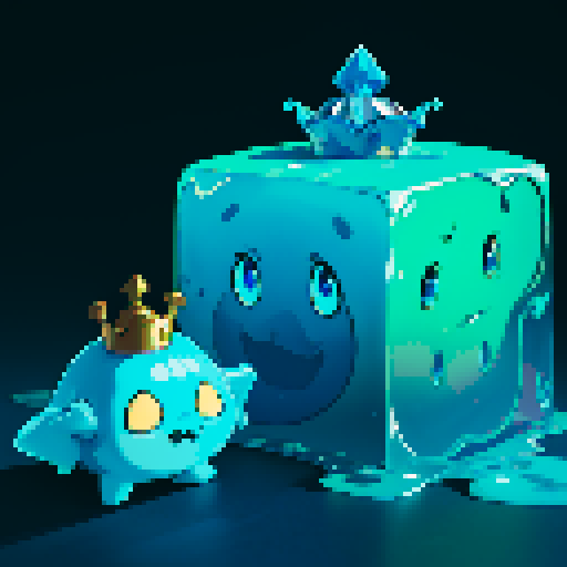 Blue Slime cube, Gelatinous cube, wearing crown, giant Slime, boss fight