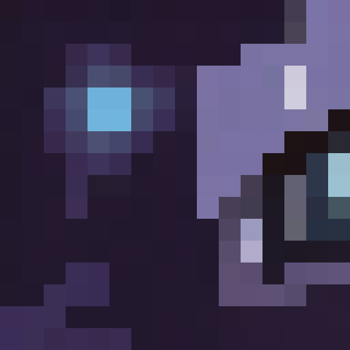 Pixelated glasses reflect a beaming, blue-eyed gaze; a small, upturned nose and rosy cheeks add youthful charm to the 16x16 pixel portrait.