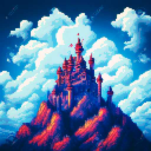 big, menacing castle towering on a hilltop, surrounded by a vibrant, pixelated landscape, with a meticulously detailed sRGB color palette, creating an eerie and foreboding atmosphere, close up