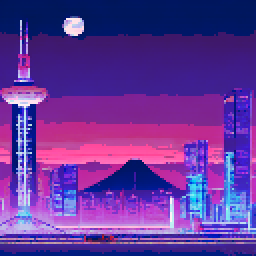 vaporwave pinks and purples, Tokyo Tower illuminated, pixel art Mount Fuji backdrop, sRGB, Tokyo night skyline, vibrant colors, city lights, futuristic aesthetic, urban landscape