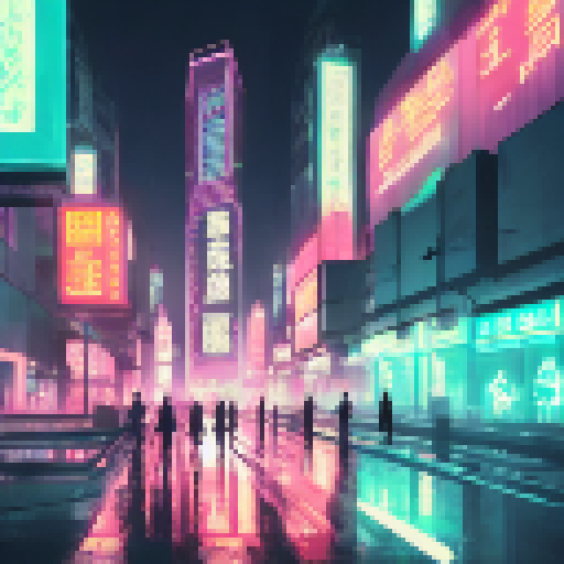 Neon-soaked skyscrapers tower over a bustling street in a cyberpunk metropolis, in a landscape-style artwork.