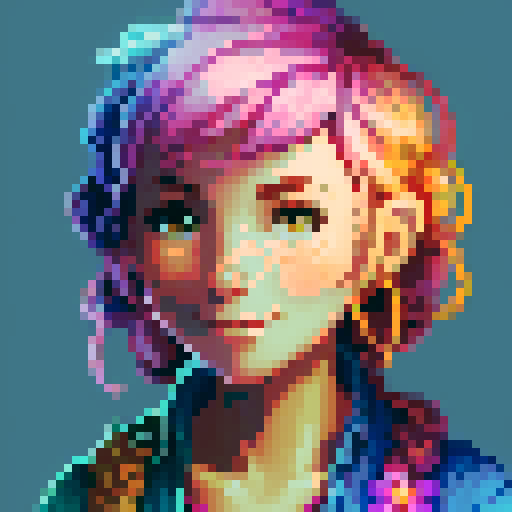 stardew valley-inspired, woman, pixel art, sRGB, vibrant colors, rustic backdrop, braided hair, glowing skin, gentle smile, freckles, rosy cheeks