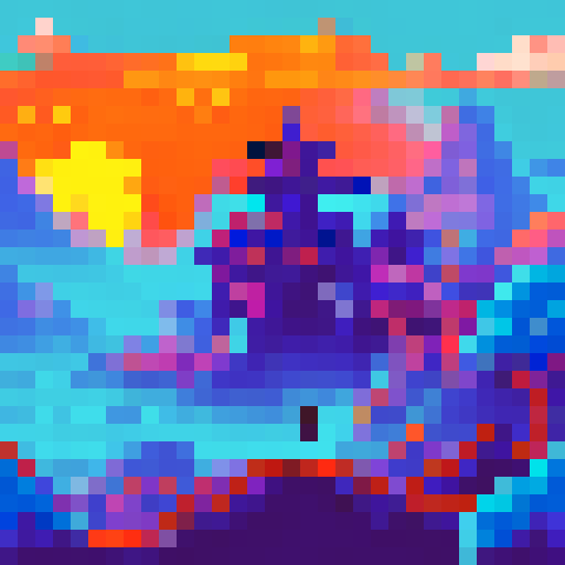 "Silhouetted against the sRGB sunset, a lone adventurer treks through a sprawling pixelated forest, the towering Kamoshida palace looming in the distance with its blocky architecture and vibrant 8bit colors"