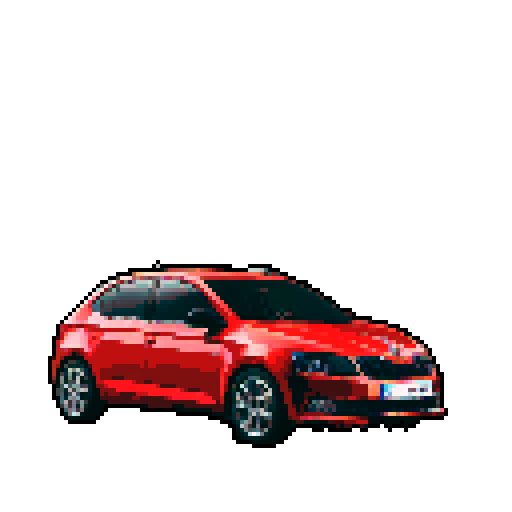 Photorealistic whole Skoda Rapid, centered, three-quarter view, right front wheel, clean background, sRGB colors, pixel art style