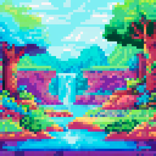 magical cove, waterfall and island with a picnic, fireflies and little pixies, pastel colors