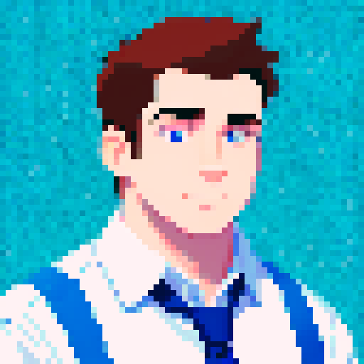 portrait, sprite art, young man, blue collar worker, buff, narrow eyes, himbo, dumb