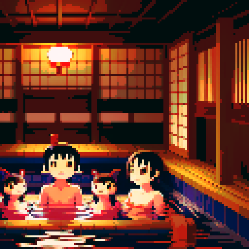 multiple yokai in a  japanese sento bath house, night time, steamy, warm water