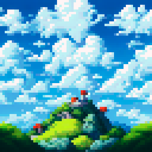 sky with fluffy white clouds on top of the image, rolling green hills on the bottom of the image