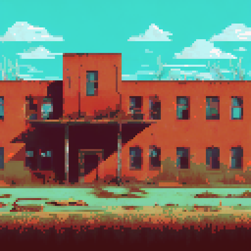 post-apocalyptic factory building, abandoned machinery, rusted pipes, overgrown vines, decaying buildings, shattered windows, eerie silence, nature reclaiming, vibrant pixelated colors, sRGB palette, atmospheric landscape
