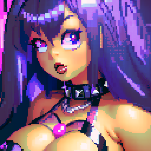 curvy, busty goth babe with studded collar. Nude big titty goth, in a close up nude glamour shot. Neon lighting, modern tile backsplash.