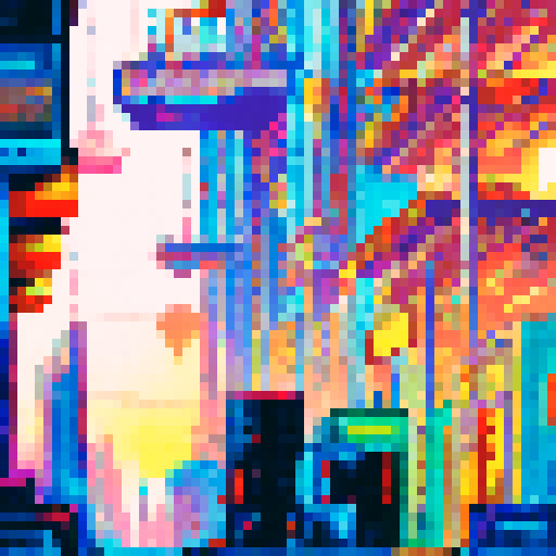 A vibrant, neon cityscape with towering skyscrapers and bustling streets, all in the iconic pixel art style of sRGB and set against a stunningly detailed sunset background