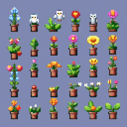 9 cottagecore themed sprites. owl fox herbs flowers moon moth bat rat plants garden snail 