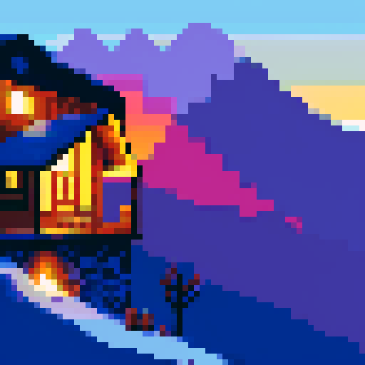 cabin subject, lights are on, eastern mountains in background, sunset