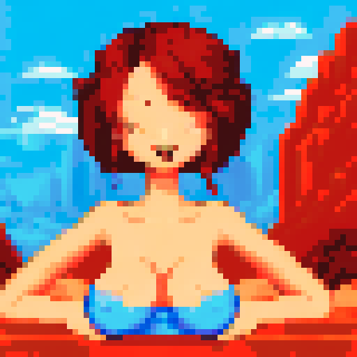 sexy girl, coy smile, naked, big boobs, pixel art, sRGB, background, landscape