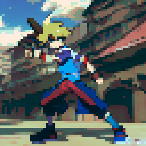 Brown-haired young man in a blue vest and red headband, fiercely wielding two swords in an anime-inspired action scene