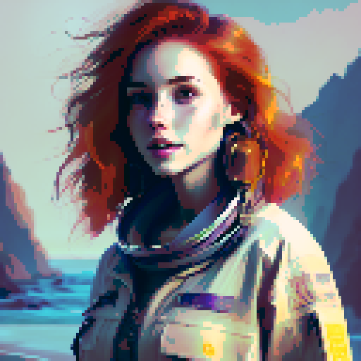 beautiful young woman, redhead, bobcut, strapless shirt, jeans, high heels, beach, smile