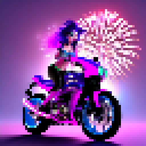 Jinx, the blue-haired manic girl, rides a bright pink motorcycle through a neon-lit cityscape with fireworks exploding in the background, all rendered in a pop-art style.