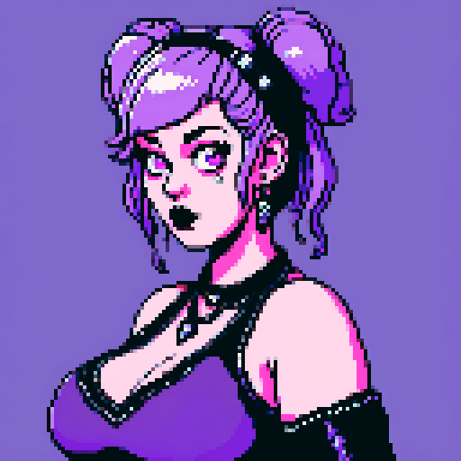 Face Portrait of Thicc, curvy, busty goth babe with studded collar, long purple hair in buns, fishnet stockings, studded halter top, pixel art, sRGB.