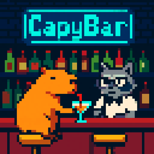 Создай пиксель-арт. Сцена: Капибара на барном стуле пьёт коктейль через трубочку. За стойкой: енот-бармен в очках. На фоне: полки с бутылками, неоновая вывеска "CapyBar" (бирюзовый свет). Стиль: чёткие пиксели (no anti-aliasing), плоские цвета.