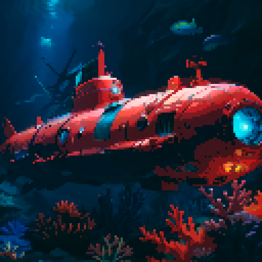 submarine, underwater, colorful, vibrant, retro, 8-bit, pixelated, deep sea, coral reefs, marine life, illuminated, glowing, exploration, portholes, periscope, propellers, mechanical, rivets, vintage, nostalgic