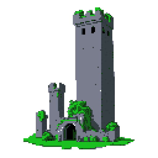 2d grey stone tower in an ancient english style. Old and crumbling but still upright. Green vines crisscross it. Usable as an asset (clear, thick lines and a white background). Put a black stroke around the composition