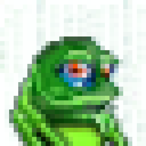 Pixelated Pepe the frog, with a transparent background, in 16-colors, in a game icon style, 32x32 pixels, sRGB, using skillful close-up portrait techniques.