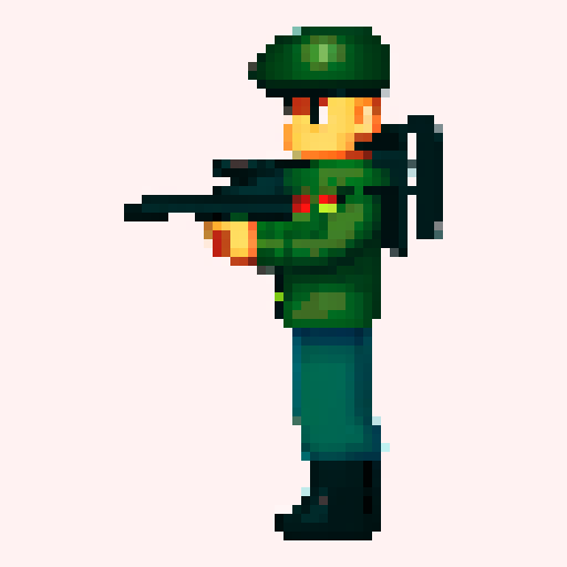 solider, gun pointing up, looking up 