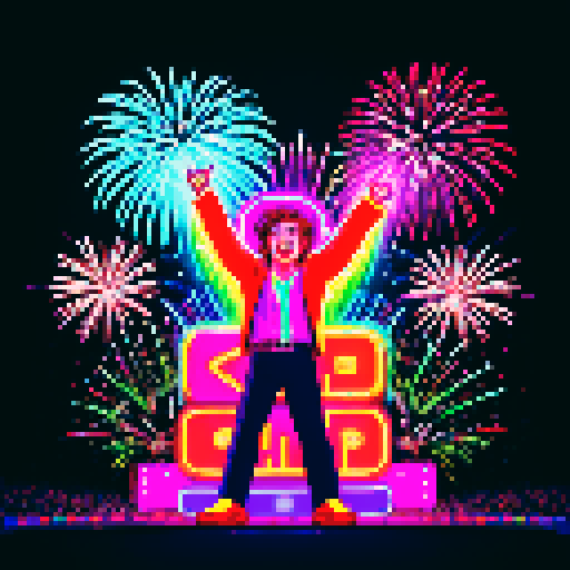 Solo male vocalist, vibrant retro outfit, passionate singing, neon lights glow, enraptured massive crowd, raised hands, pixelated fireworks burst, vivid sRGB color palette