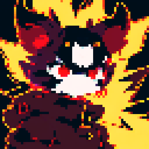 black chimera, character portrait, close up, anime style, pixel art, fierce expression, glowing red eyes, sharp fangs, dark and jagged horns, sleek and glossy black fur, contrasting purple highlights, wisps of smoke surrounding it, intense and vibrant colors