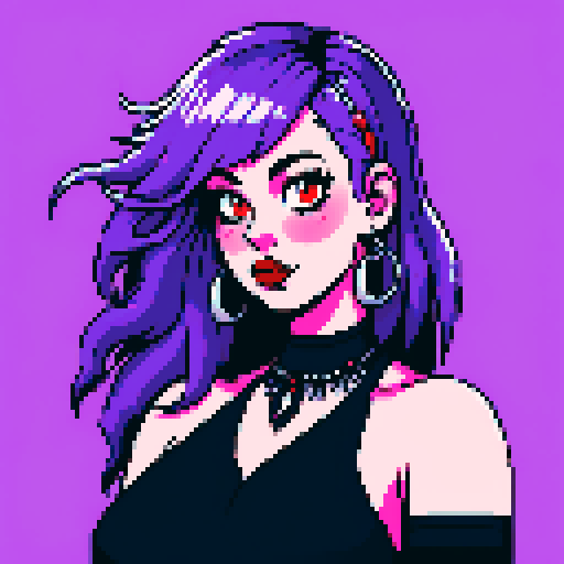 Thicc, busty goth girl, with long purple hair, eyeliner, red lipstick. wearing a halter top and spiked collar. Posing for a up close face portrait. vibrant sRGB colors, pixel art,