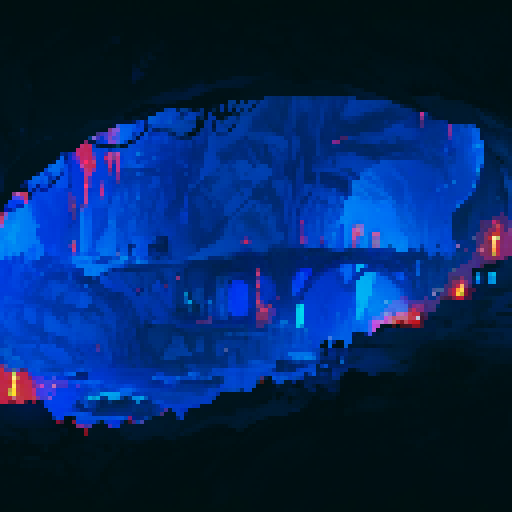 cave entrance, underwater city, vibrant colors, shimmering water, detailed pixel art, sRGB