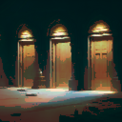 row of ornate, wooden doors with intricate carvings and glowing runes, each leading to a different realm; flickering torches lining the stone walls; a dusty, ancient tome lying open on a pedestal; an ethereal mist swirling around the room