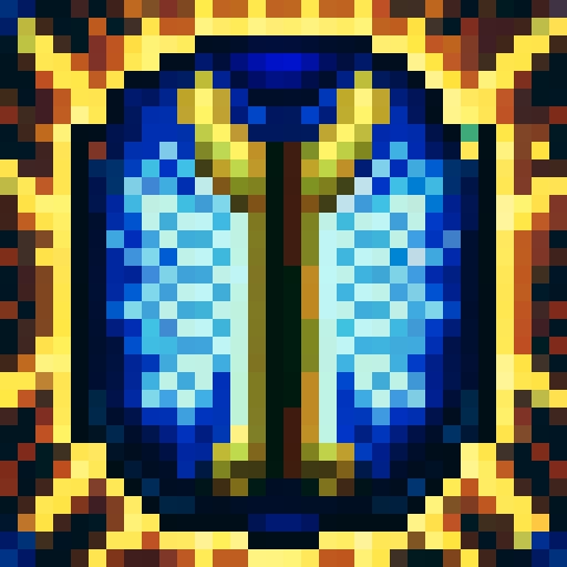 angelic chestplate armor, game icon, 32x32 pixel art, sRGB, skill art, close up, portrait, glowing golden accents, intricate engravings, ethereal wings, radiant halo, shimmering celestial symbols, iridescent gemstones