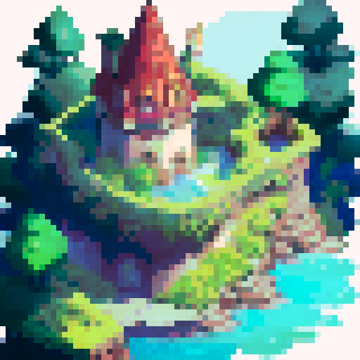 Majestic castle with towering turrets and arched windows, nestled in a lush green landscape with a rippling river flowing nearby, portrayed in a stunning portrait style.