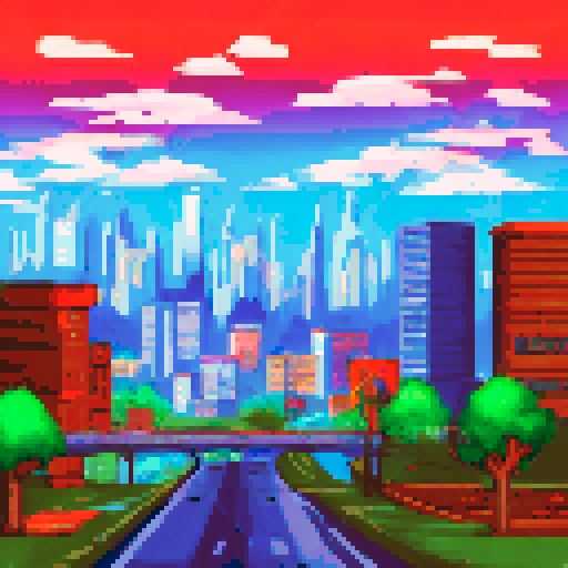 The city, in the center of the image is an open garage in which you can see the car