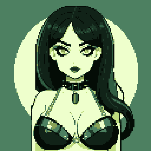 curvy, busty goth girls face, whole head portrait, black hair, purple eyeshadow, red lipstick, purple bikini, studded collar, vibrant srgb colors, edgy aesthetic. 16 bit, anime style