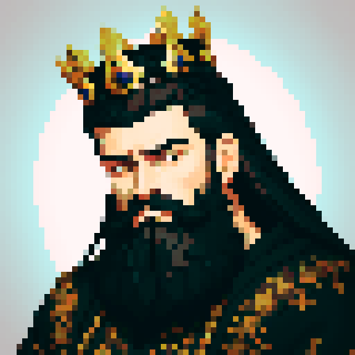 king, regal, black metall crown, black crown, majestic, stoic expression, sharp features, detailed beard, silver accents, royal robe, intricate embroidery, game icon, 32x32 pixel art, sRGB, skill art, close up, portrait